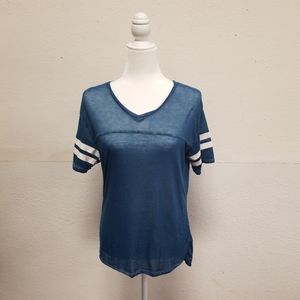 Blue Semi Sheer VNeck Blouse